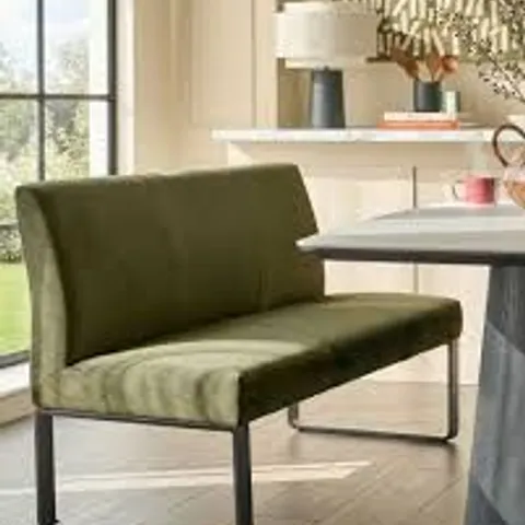 BOXED SERENA 3 SEATER BLACK METAL BENCH WITH BACKREST - DARK GREEN PLUSH VELVET (2 BOXES)