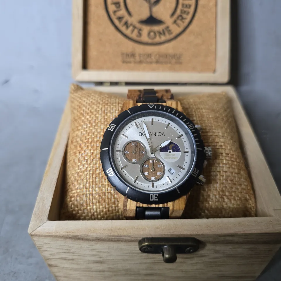 BOXED BOTANICA WOODEN WATCH WITH WHITE DIAL 