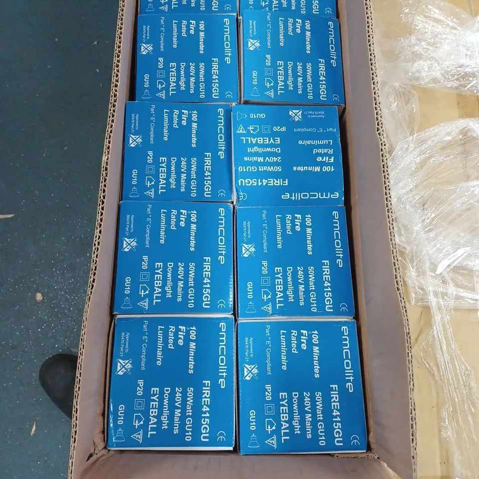 PALLET CONTAINING APPROXIMATELY 320 MCOLITE FIRE415GU 100 MINUTES FIRE RATED GU10 240V MAINS EYEBALL DOWNLIGHT MAX 50W	