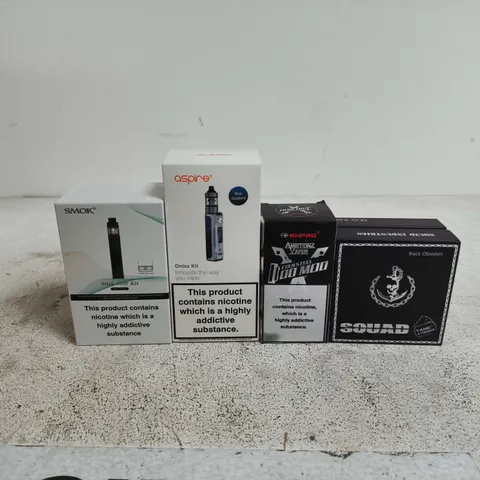 BOX OF APPROXIMATELY 25 ASSORTED E-CIGARETTES AND COMPONENTS TO INCLUDE SQUAD, ASPIRE, SMOK ETC