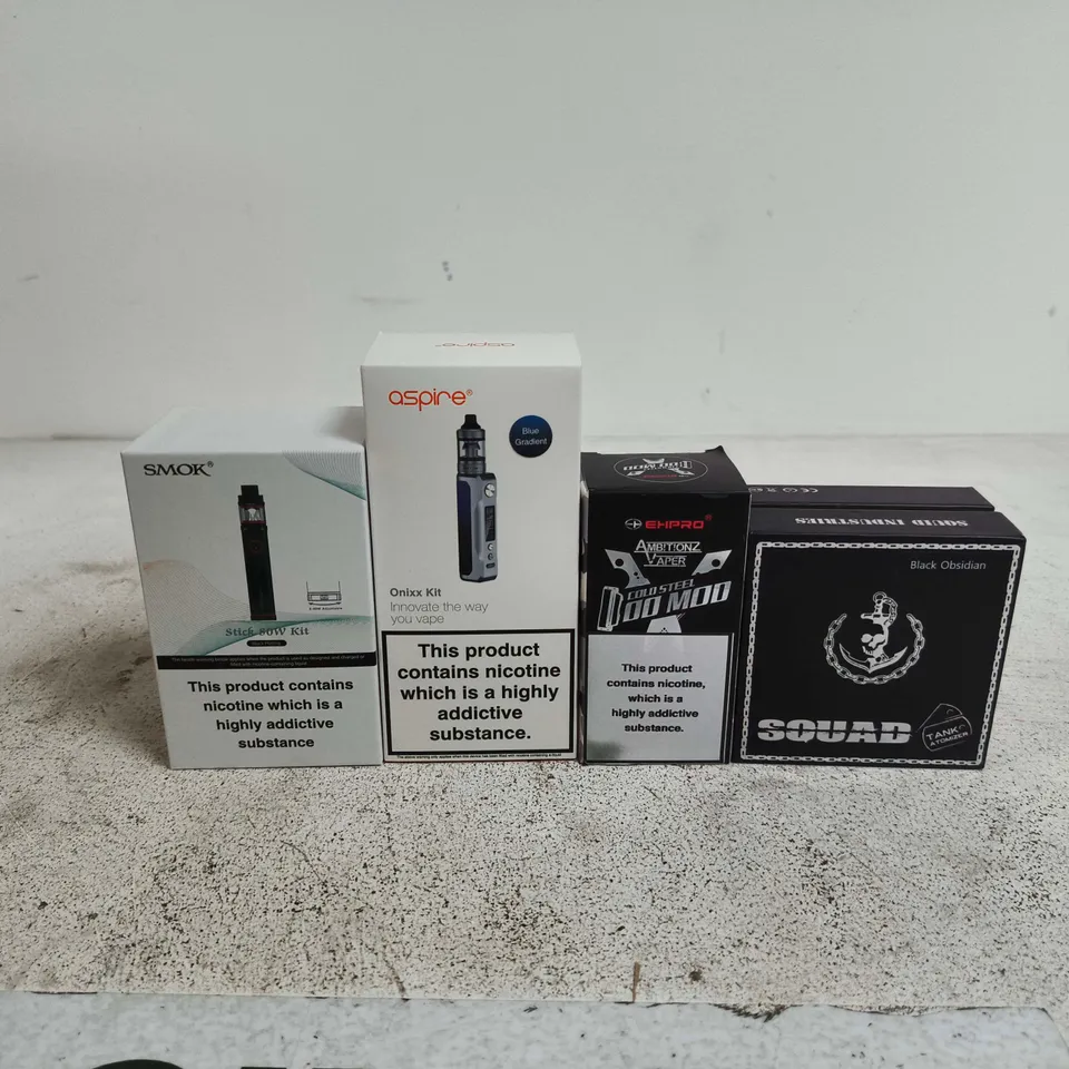 BOX OF APPROXIMATELY 25 ASSORTED E-CIGARETTES AND COMPONENTS TO INCLUDE SQUAD, ASPIRE, SMOK ETC