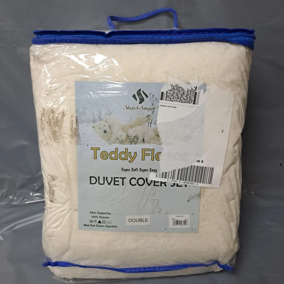 TEDDY FLEECE DUVET COVER SET - WHITE - DOUBLE