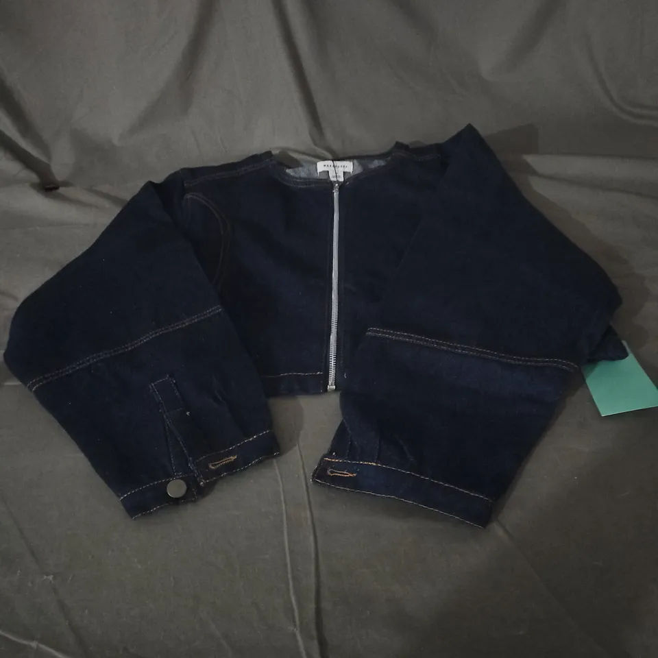 WAREHOUSE DENIM JACKET – INDIGO, CROPPED, ZIP FRONT (UK M) 