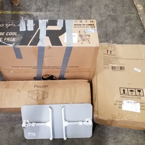 PALLET OF ASSORTED PRODUCTS INCLUDING PLAYPEN, LED MIRROR CABINET, GAMING CHAIR, FOLDOUT TABLE, TOILET SEAT, ROLLER BLINDS