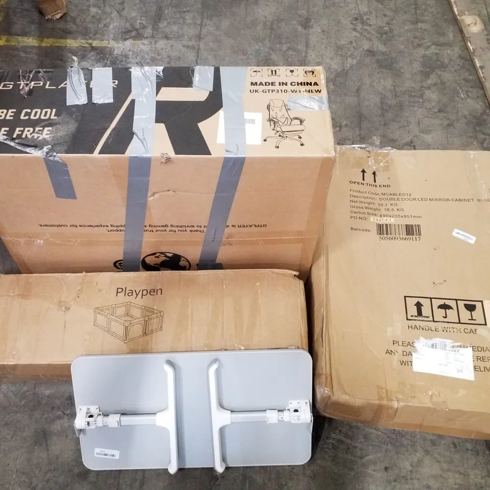 PALLET OF ASSORTED PRODUCTS INCLUDING PLAYPEN, LED MIRROR CABINET, GAMING CHAIR, FOLDOUT TABLE, TOILET SEAT, ROLLER BLINDS
