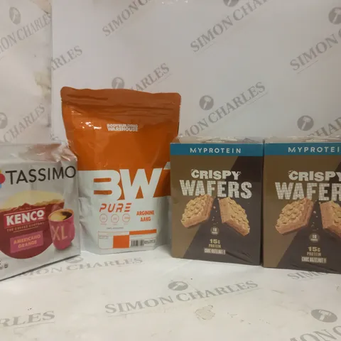 BOX OF APPROX 11 ASSORTED FOOD ITEMS TO INCLUDE - MY PROTEIN CRISPY WAFERS - BODY BUILDING WAREHOUSE ARGININE AAKG - TASSIMO KENCO AMERICANO GRANDE ECT