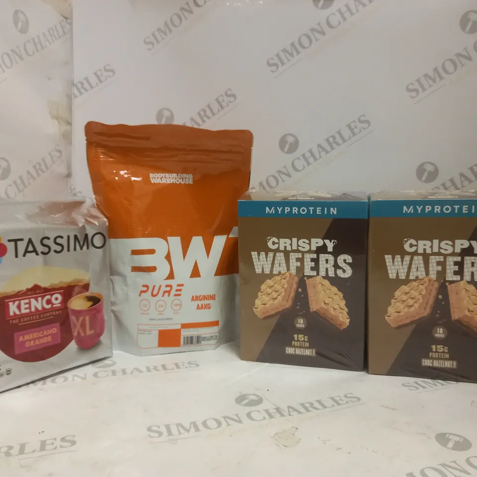 BOX OF APPROX 11 ASSORTED FOOD ITEMS TO INCLUDE - MY PROTEIN CRISPY WAFERS - BODY BUILDING WAREHOUSE ARGININE AAKG - TASSIMO KENCO AMERICANO GRANDE ECT