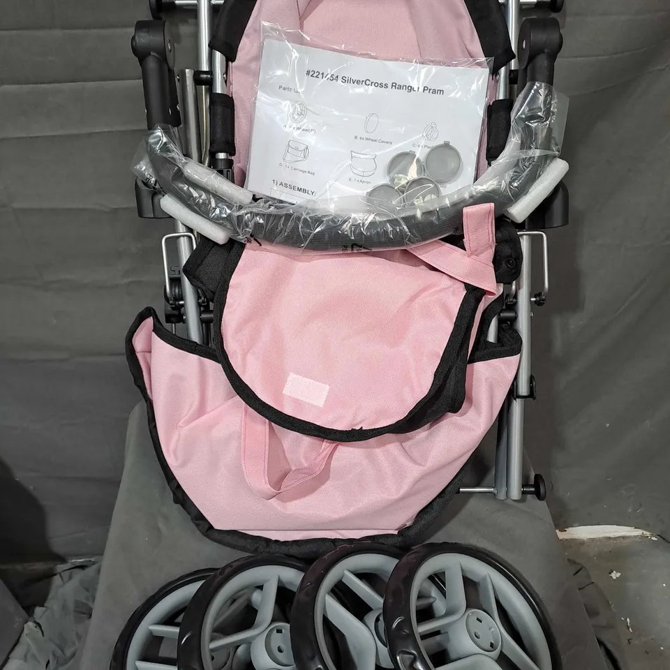 BOXED SILVER CROSS DOLLS RANGER PRAM IN PINK/BLACK