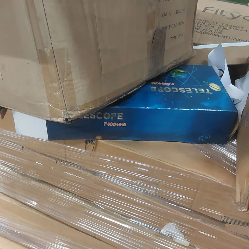 PALLET CONTAINING A LARGE QUANTITY OF FITYOU TV CABINET PARTS AND OTHER ASSORTED ITEMS INCLUDING TABLET CASES, TELESCOPE ECT