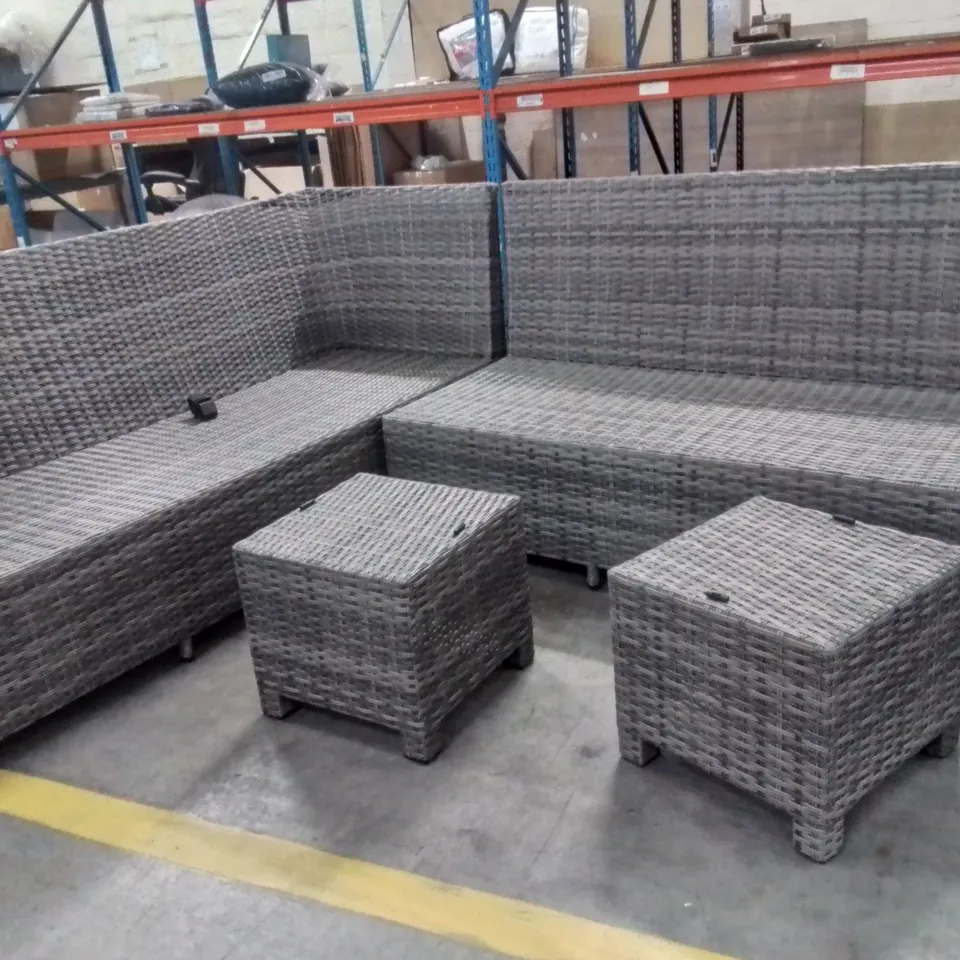 OUTDOOR RATTAN CORNER SOFA AND FOOTSTOOLS (MISSING CUSHIONS)