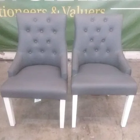 SET OF 2 DESIGNER DUKE DARK GREY LEATHER BUTTON BACK DINING CHAIR (WHITE LEG)