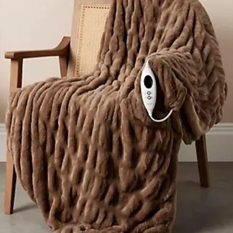 COZEE HOME LUXURY RUCHED FAUX FUR & VELVETSOFT HEATED THROW W/9 HEAT SETTINGS IN LIGHT GREY