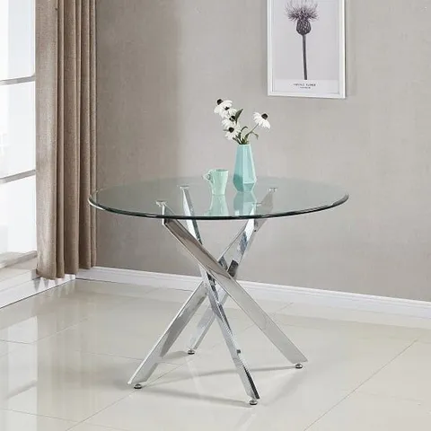 BOXED DAYTONA ROUND CLEAR GLASS DINING TABLE WITH CHROMED LEGS (2 BOXES)