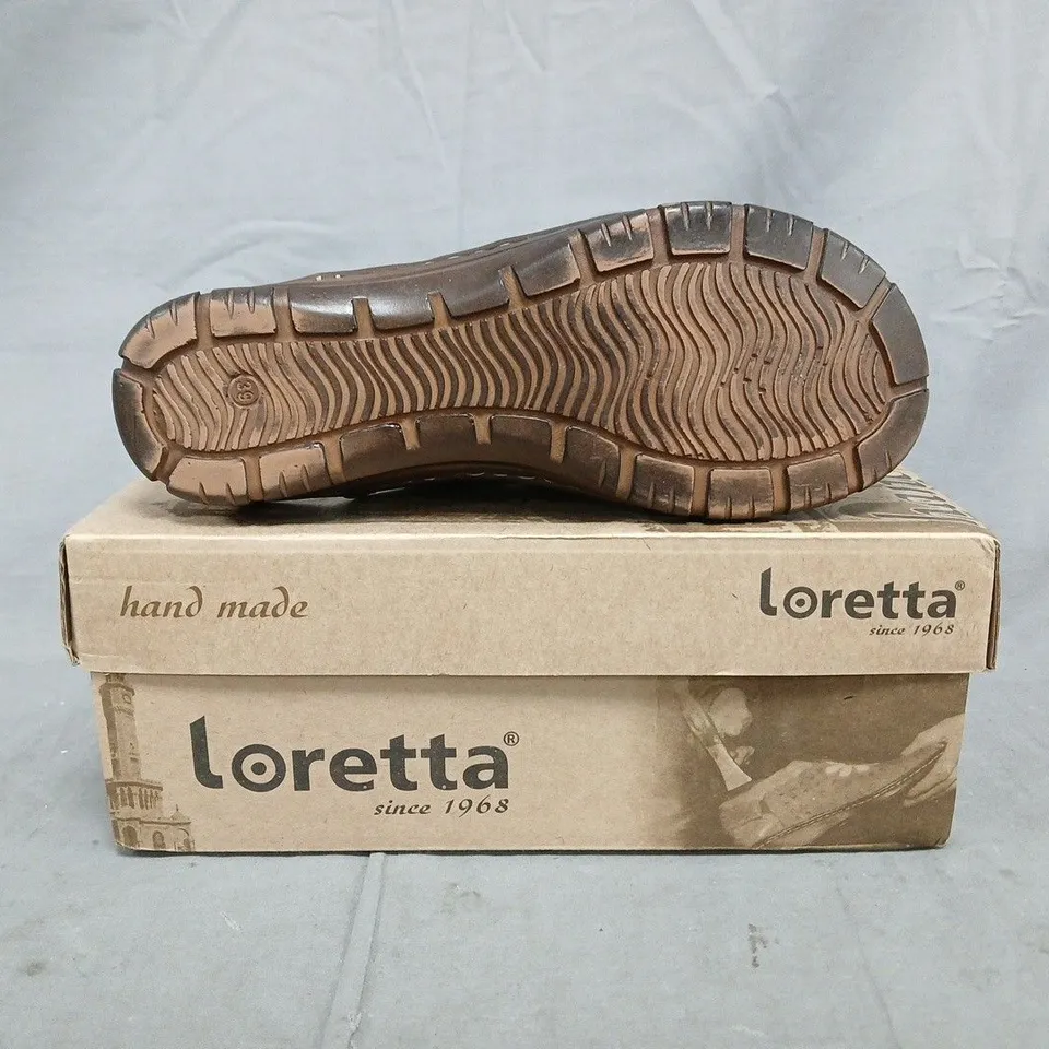 BOXED PAIR OF LORETTA MULES IN NAVY SIZE 6 (EU 39)