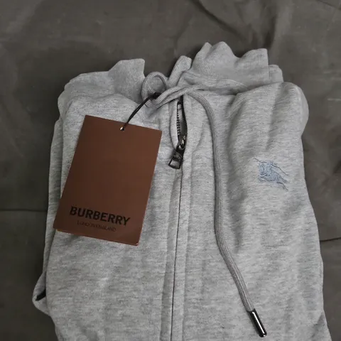 BURBERRY ZIP HOODIE - GREY, LOGO CHEST - S
