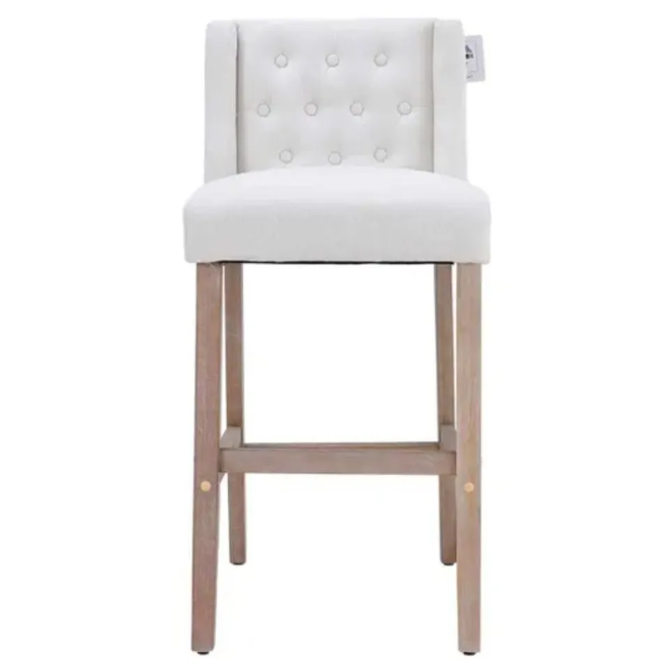 BOXED LIVING AND HOME RUSTIC SET OF 2 BAR STOOLS LINEN TUFTED WITH WOOD LEGS WHITE (1 BOX)