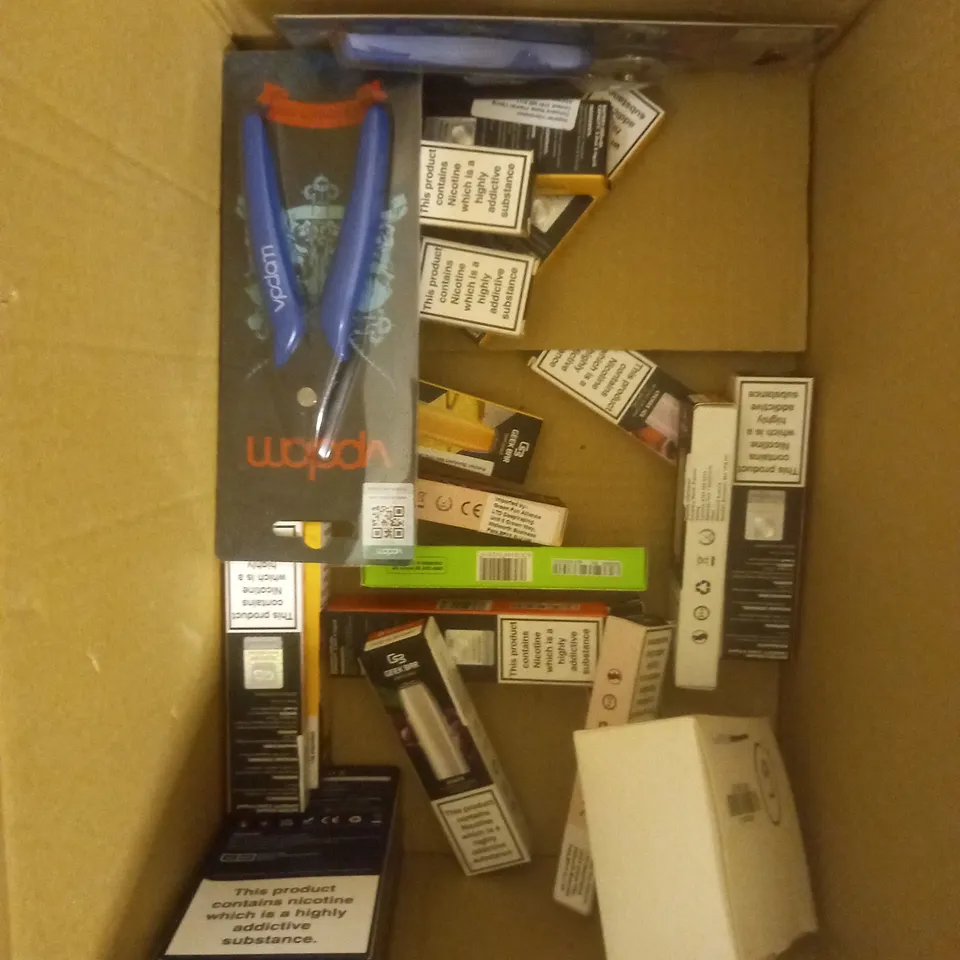 BOX OF APPROXIMATELY 30 ASSORTED VAPING PRODUCTS AND ACCESSORIES TO INCLUDE DISPOSABLES, KITS ETC