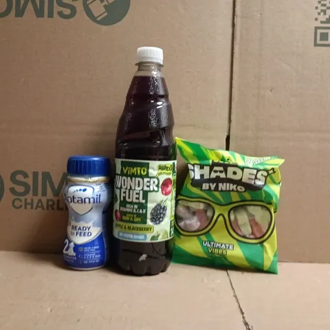 APPROXIMATELY 10 ASSORTED FOOD AND DRINK ITEMS TO INCLUDE VIMTO, SOUR SHADES, APTAMIL, ETC