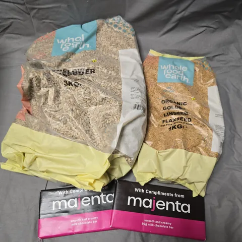APPROXIMATELY 5 ASSORTED FOOD PRODUCTS TO INCLUDE SUNFLOWER SEEDS, MAJENTA BARS, PUMPKIN SEEDS ETC 