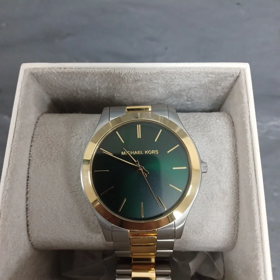 MICHAEL KORS SLIM RUNWAY THREE-HAND TWO-TONE STAINLESS STEEL WATCH RRP £216