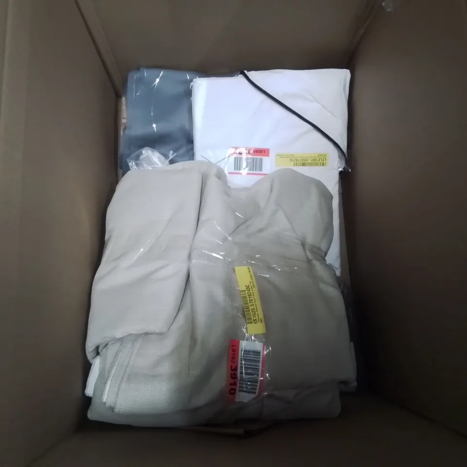 BOX OF 12 ASSORTED ITEMS TO INCLUDE: SINGLE DUVET SET, BEVILL ORGANIC BATH TOWELS, FUSI CURTAINS, SCATTER CUSHION ETC