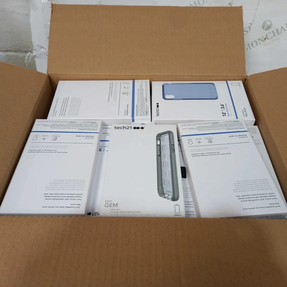 BOX OF 87 PHONE CASES TO INCLUDE 81 BRAND NEW TECH 21 12FT DROP PROTECTION EVOROX SOUL BLUE IPHONE X MAX PHONE CASES, 6 TECH 21 EVO GEM 3M 3-LAYER DROP PROTECTION IPHONE X PHONE CASES