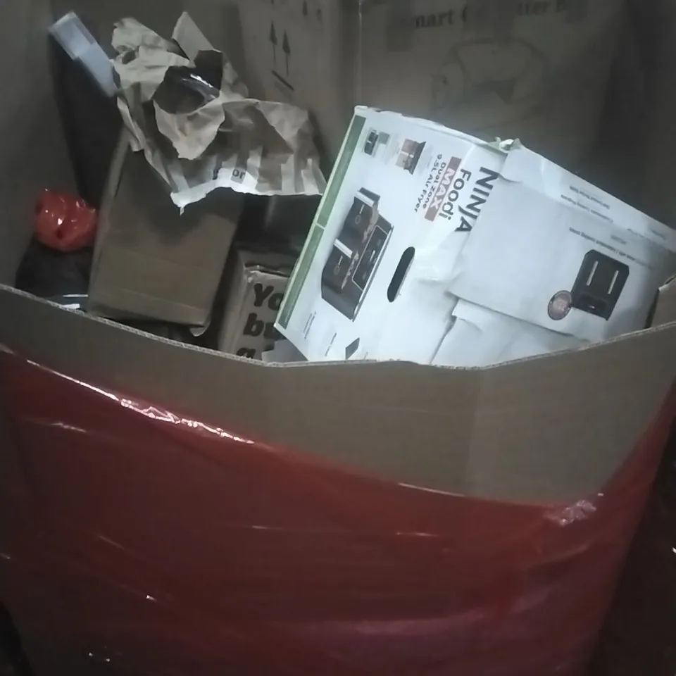 PALLET OF ASSORTED HOUSEHOLD GOODS AND PRODUCTS TO INCLUDE; NINJA AIRFRYER, SMART CAT LITTER BOX, BOXED FURNITURE ETC