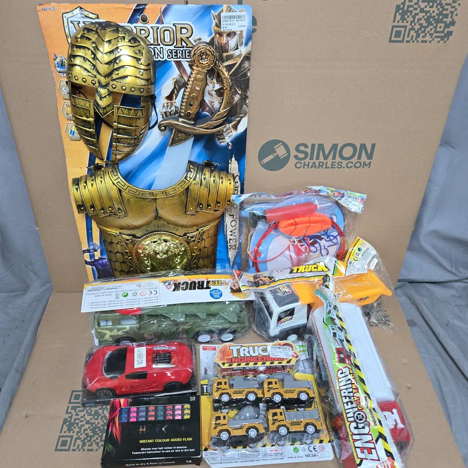 APPROXIMATELY 100 ASSORTED TOYS TO INCLUDE CITY TRUCK MISSLE TRUCK, WARRIOR WEAPON SERIES TOY ARMOUR, MINI BASKETBALL HOOP WITH BALL, ETC