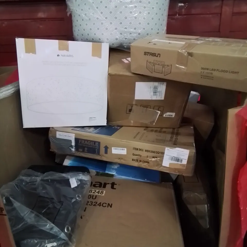 PALLET CONTAINING VARIOUS ASSORTED PRODUCTS INCLUDING:HOLLYWOOD MIRROR, LAMP SHADE, LED FLOOD LIGHTS AND LOTS MORE UNMARKED BOXED ITEMS 