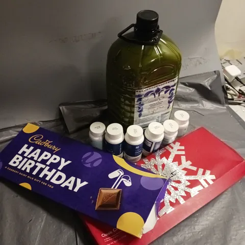 9 ASSORTED FOOD AND DRINK PRODUCTS TO INCLUDE HOTEL CHOCOLAT CLASSIC CHRISTMAS, CADBURY HAPPY BIRTHDAY 850G, EXTRA VIRGIN OLIVE OIL 5-LITRE, OMEGA-3 FOOD SUPPLEMENT - COLLECTION ONLY