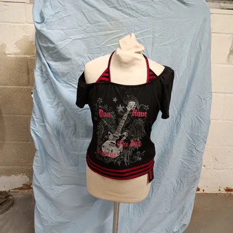 ROMWE WOMEN'S BLACK GRAPHIC TOP WITH GUITAR PRINT – SIZE M