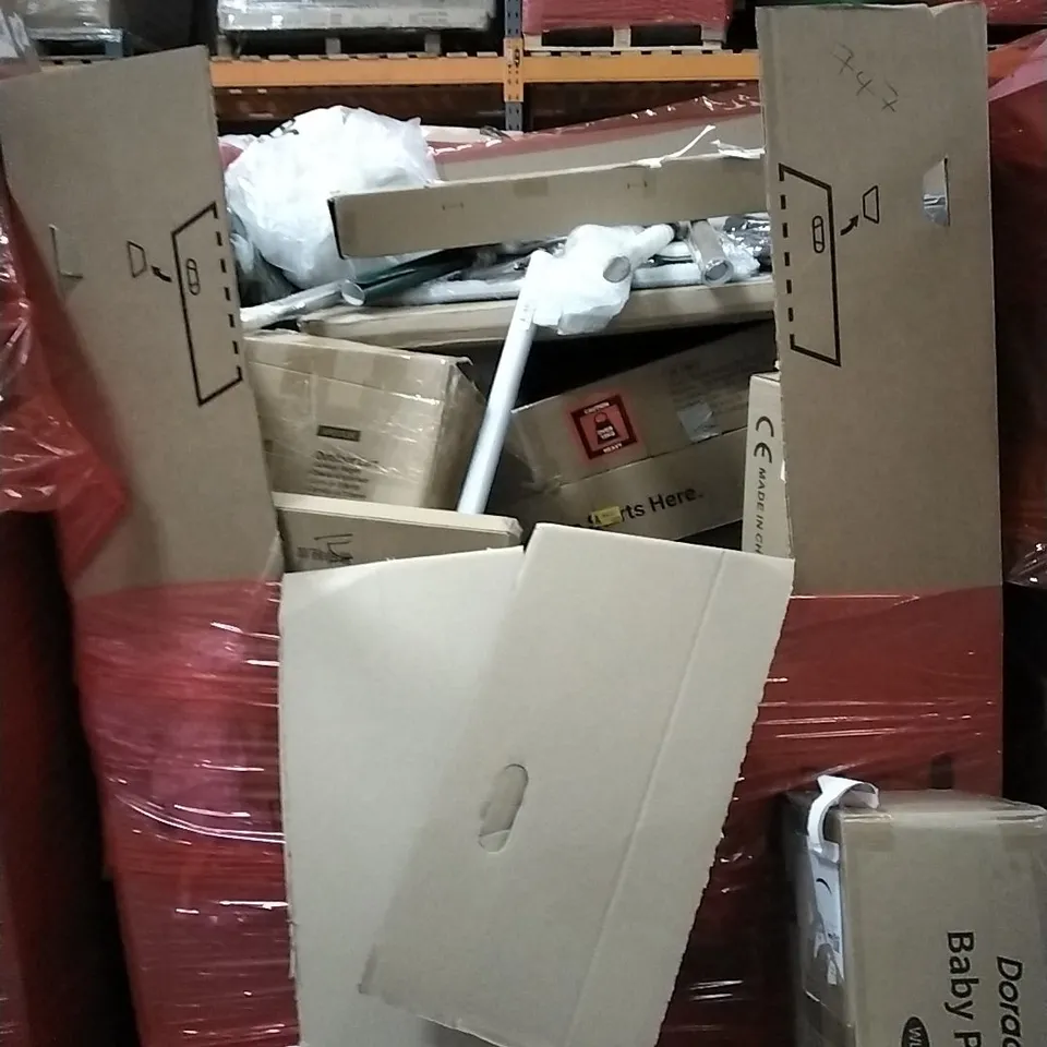 PALLET OF HOUSEHOLD ITEMS TO INCLUDE SHOWER SERIES, CEILING FAN, WALL LAMP, BABY PLAYPEN AND OTHER ASSORTED ITEMS...