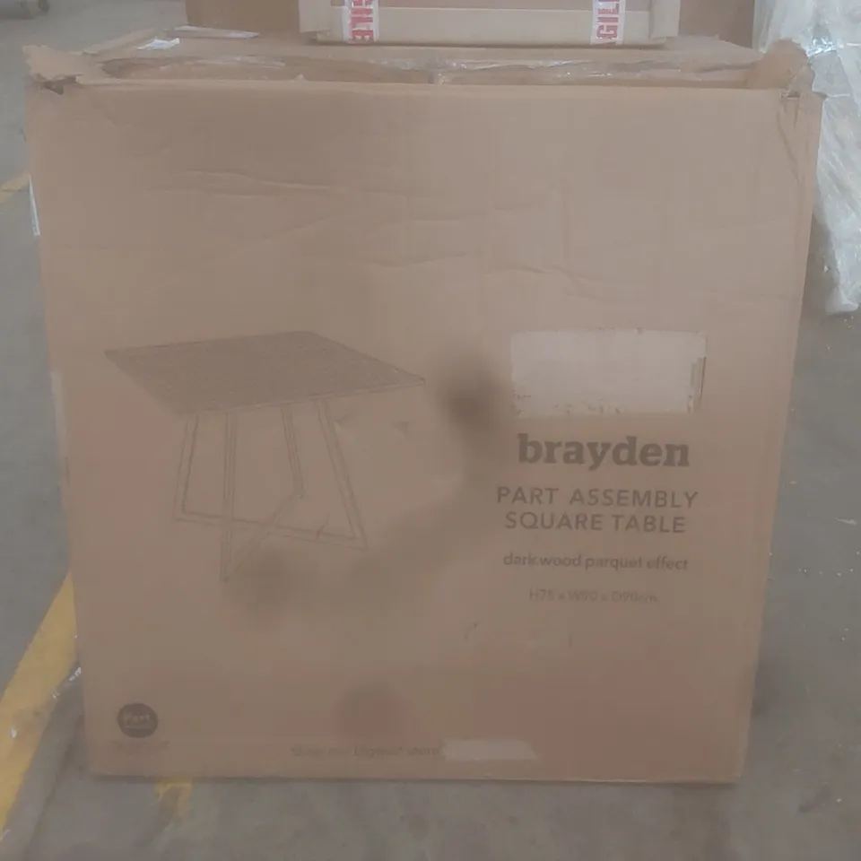 BOXED BRAYDEN SQUARE TABLE, DARK WOOD PARQUET EFFECT (1 BOX)