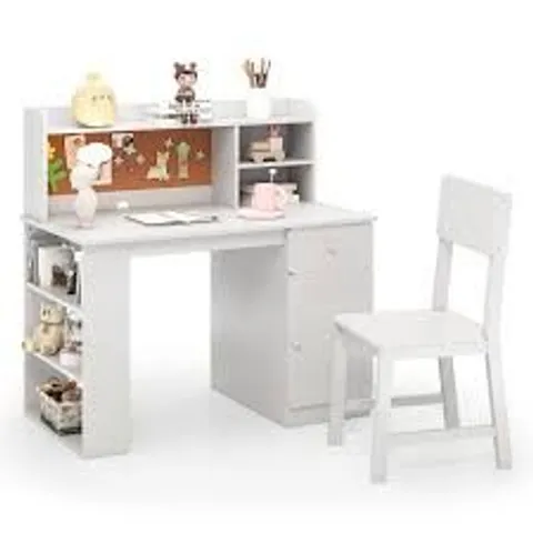 BOXED COSTWAY KIDS DESK AND CHAIR SET WITH CHAIR HUTCH AND 3-LAYER SIDE SHELF-WHITE