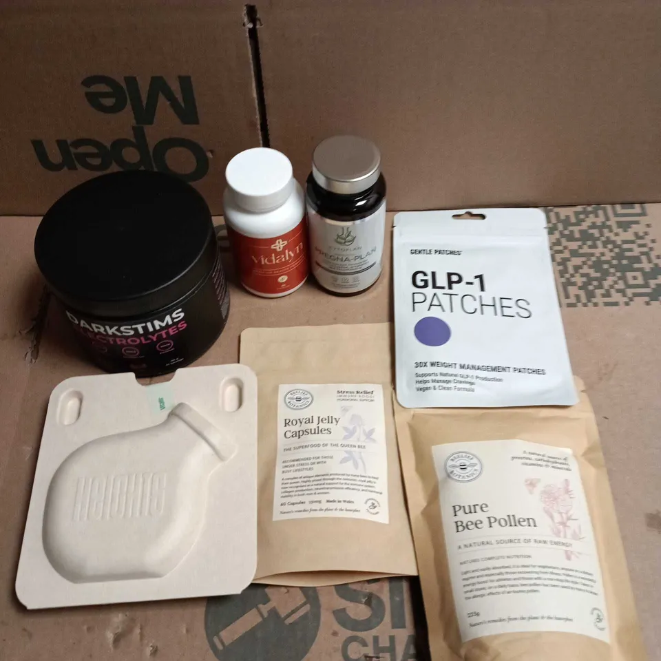 APPROXIAMTELY 15 ASSORTED HEALTH PRODUCTS TO INCLUDE GLP-1 PATCHES, PURE BEE POLLEN, ROYAL JELLY CAPSULES ETC