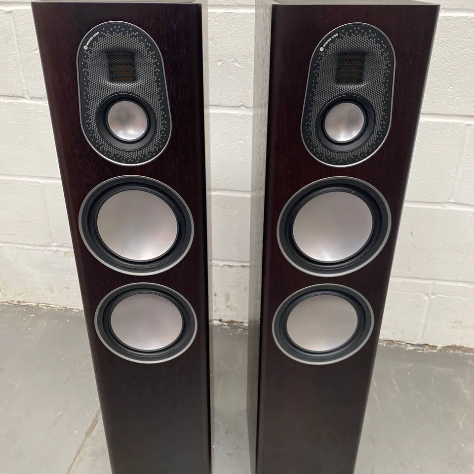 BOXED PAIR OF MONITOR AUDIO GOLD 200 DARK WALNUT FLOOR STANDING SPEAKERS (2 BOXES)