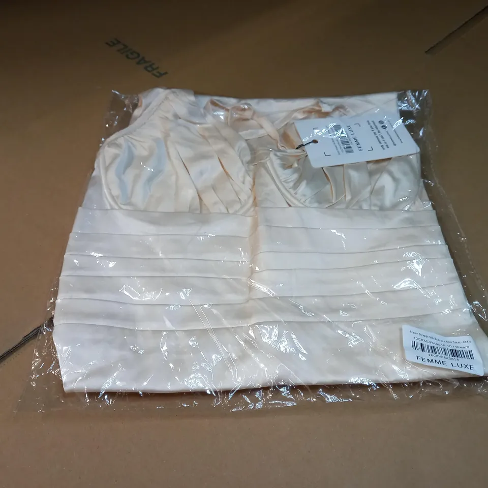 PACKAGED FEMME LUXE CREAM STRAPPY SILK BODYCON MINI DRESS - SIZE 10