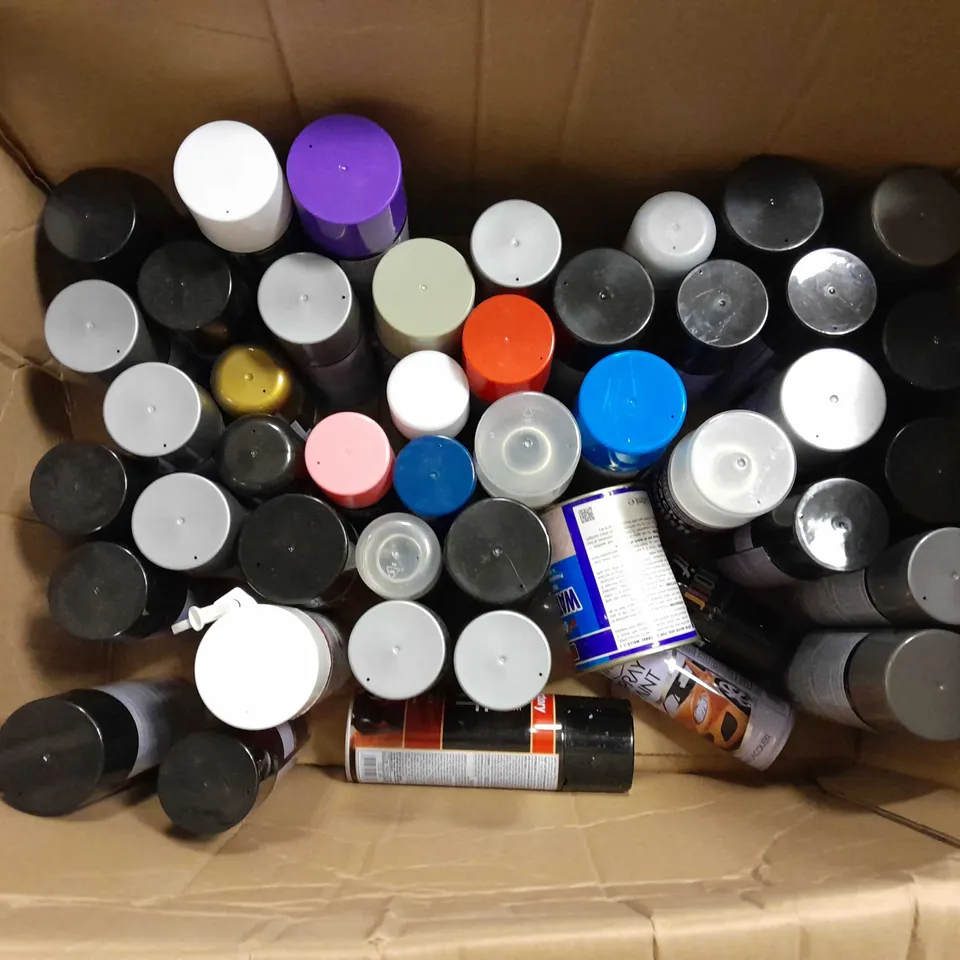 APPROXIMATELY 50 ASSORTED AEROSOLS TO INCLUDE PAINTFACTORY HIGH TEMPERATURE PAINT, RAPIDE SILICONE LUBRICANT, PAINTFACTORY INTERIOR & EXTERIOR METALLIC SPRAY DEEP COPPER, ETC - COLLECTION ONLY