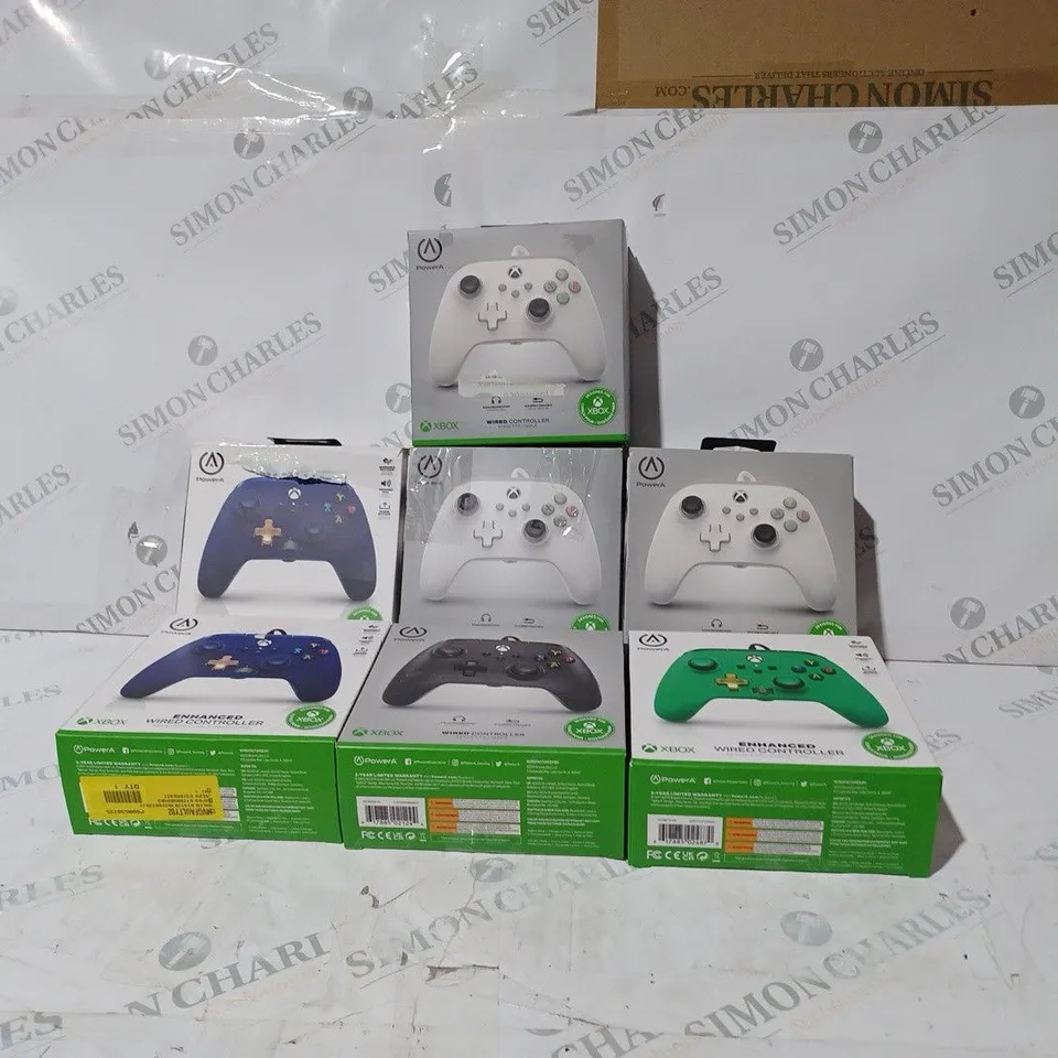 BOX OF 7 ASSORTED XBOX ONE WIRED CONTROLLERS IN VARIOUS COLOURS