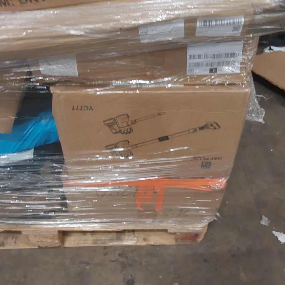 PALLET CONTAINING A LARGE ASSORTMENT OF CONSUMER PRODUCTS INCLUDING: KICK SCOOTER, DESK FAN, DAY PLUS VACUUM, CV AXLE SHAFT ECT