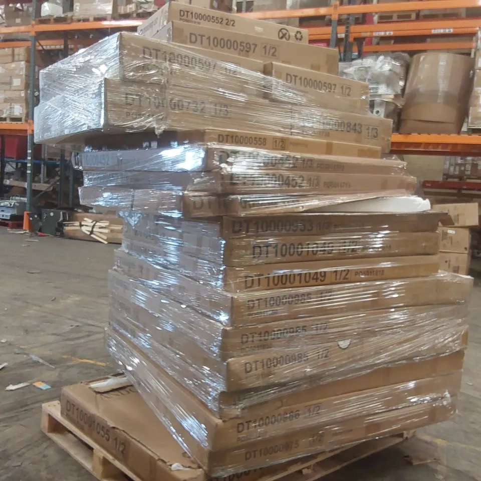 PALLET CONTAINING A LARGE QUANTITY OF ASSORTED DESIGNER FURNITURE PARTS INCLUDING: DINING TABLE PARTS ECT