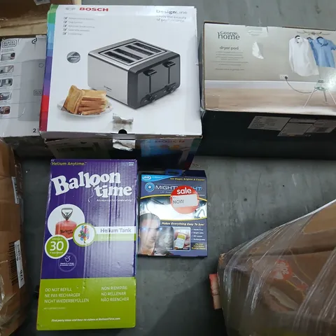 LARGE PALLET OF ASSORTED HOUSEHOLD PRODUCTS TO INCLUDE: DRYER POD, BLACK WOOD BAR SHELF, BALLOON TIME AND BOSCH TOASTER