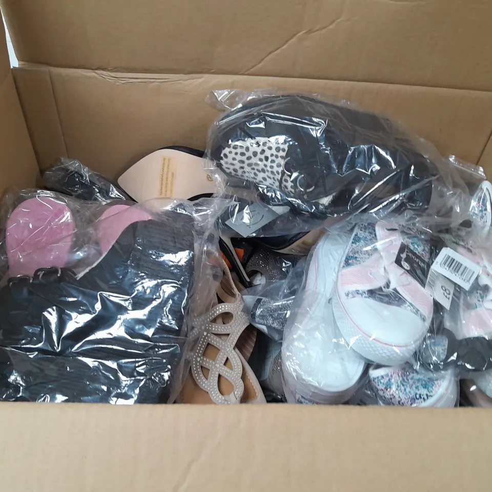 BOX OF APPROXIMATELY 10 ASSORTED WOMENS  SHOES IN VARIOUS COLOURS, STYLES AND SIZES