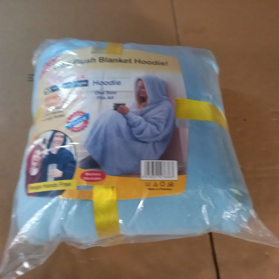 bagged ultra plush blanket hoodie in light blue 