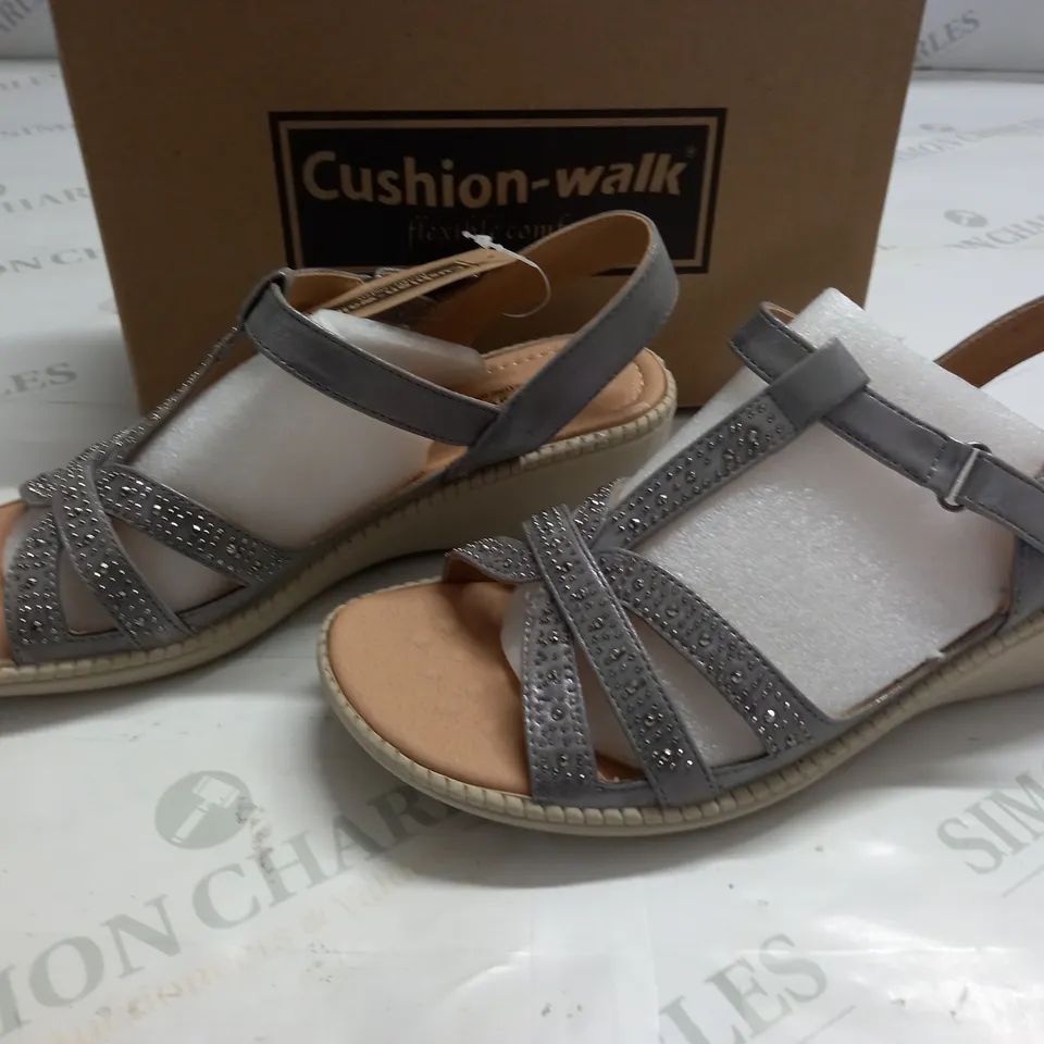 BOXED PAIR OF CUSHION WALKEMBELLISHED STRAPPY SANDALS IN PEWTER - SIZE 7