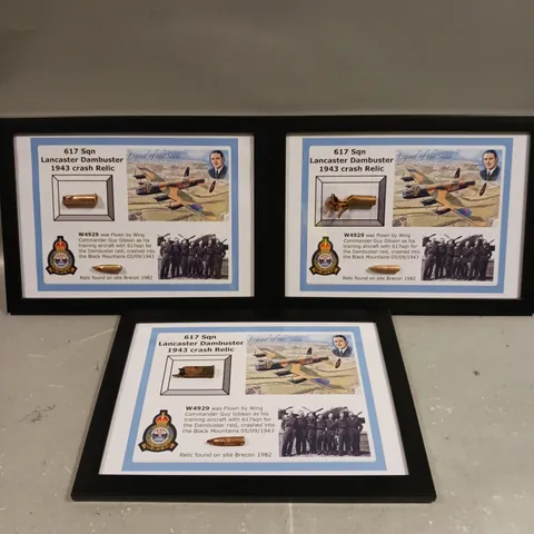 3 X FRAMED 617 SQN LANCASTER DAMBUSTER 1943 CRASH RELIC ITEMS