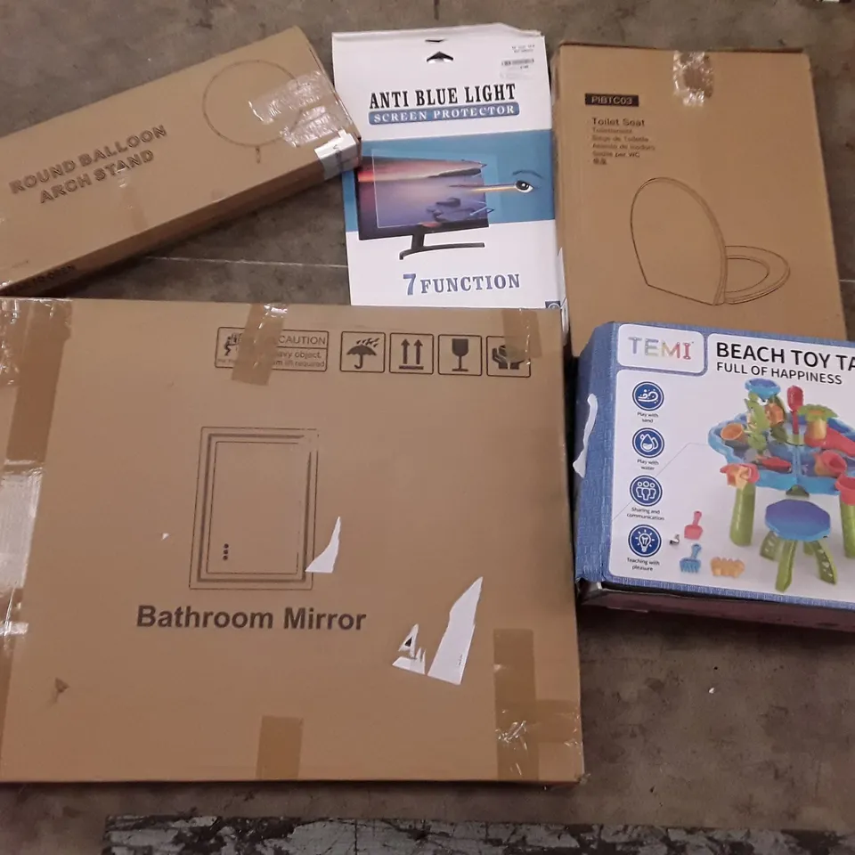 PALLET OF ASSORTED PRODUCTS INCLUDING ROUND BALLOON ARCH STAND, BATHROOM MIRROR, BEACH TOY TABLE, TOILET SEAT, ANTI BLUE LIGHT SCREEN PROTECTOR 