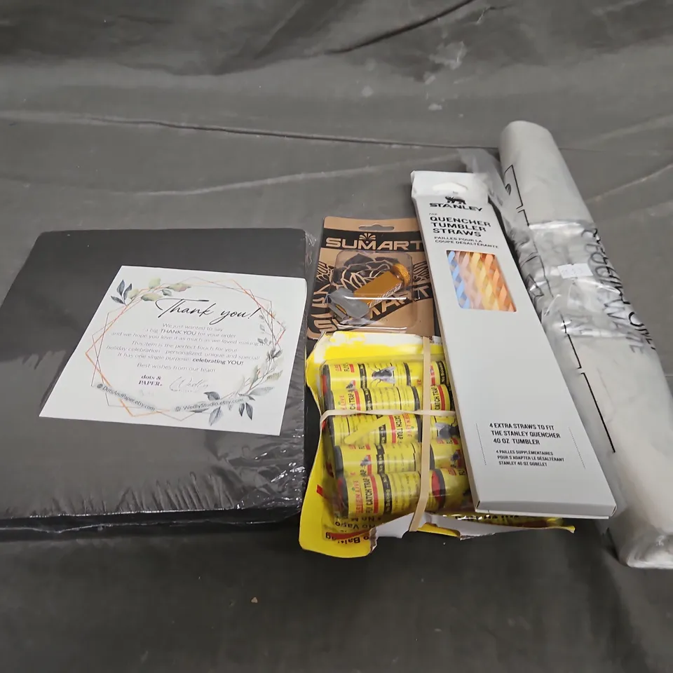 TOTE OF APPROXIMATELY 10 ASSORTED HOUSEHOLD ITEM TO INCLUDE FLY TRAPS, STANLEY TUMBLER STRAWS AND DISPOSABLE BAGS