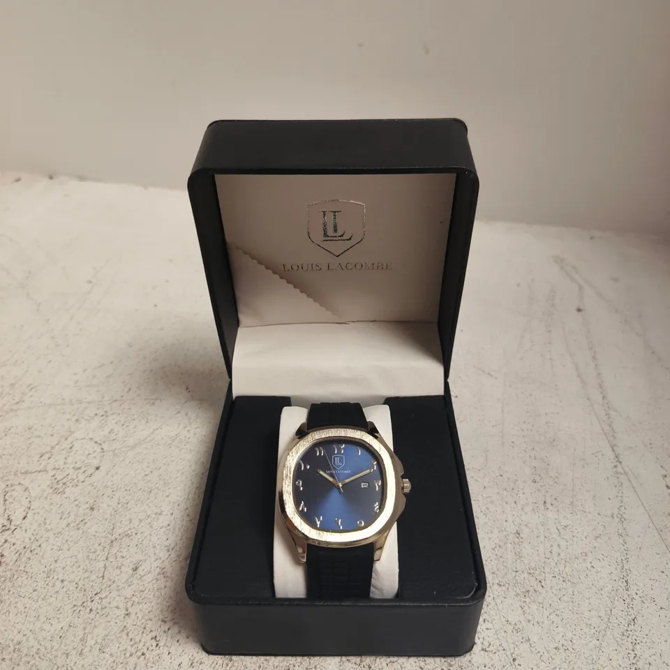 LOUIS LACOMBE WRISTWATCH WITH BLUE DIAL, ROSE-GOLD-TONE BEZEL & BLUE STRAP