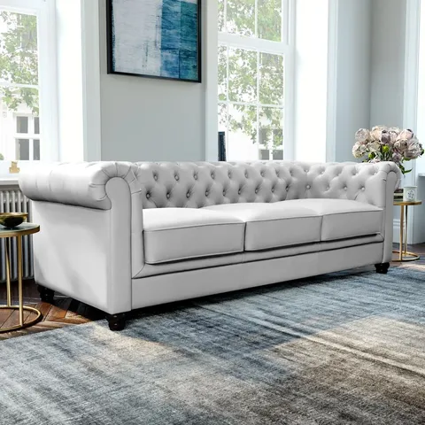 BOXED HAMPTON 3 SEATER CHESTERFIELD SOFA, LIGHT GREY PREMIUM FAUX LEATHER